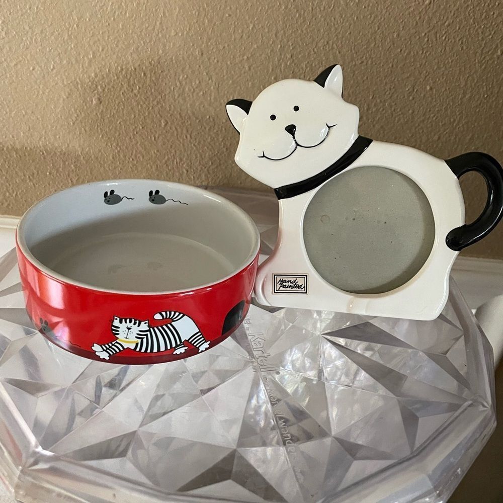 Whisker City Mice Cat Dish & Vintage Dept 56 80’s Cat Frame